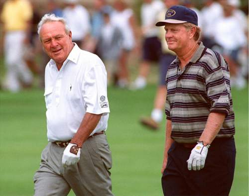 Rick Egan | The Salt Lake Tribune

Arnold Palmer and Jack Nicklas walk the fairway together at Arnold Palmer at Park Meadows after a rain delay at the Utah Showdown Friday afternoon, they played in the same group, along with Lee Trevino, Friday July 30, 1999.