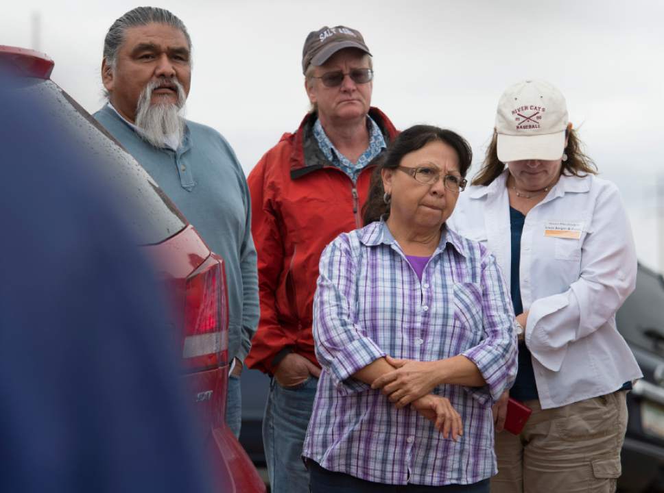 Leah Hogsten  |  The Salt Lake Tribune
 Kaibab Band of Paiute Indians tribal chairman Roland Maldonado and tribe elder Glendora Homer listen as a representative with MWH Global's engineering firm details the proposed route for the proposed Lake Powell Pipeline (LPP). The LPP will cut through the Kaibab Band of Paiute's reservation in one of two proposed routes and the tribe favors limiting damage to undisturbed sacred sites. Officials from the Federal Energy Regulatory Commission (FERC) began a two-day site visit in southern Utah Tuesday, examining the 139-mile route of the proposed Lake Powell Pipeline, September 20, 2016. The public tour was so that FERC could view the pipeline's planned hydropower stations, proposed alignment and the environment the pipeline will cross.