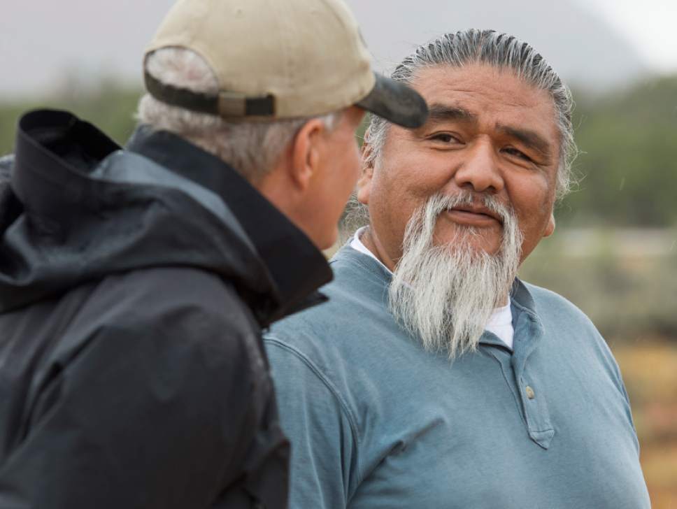 Leah Hogsten  |  The Salt Lake Tribune
 Kaibab Band of Paiute Indians tribal chairman Roland Maldonado talks with MWH Global's engineering firm representative Brian Liming, who detailed the proposed route for the proposed Lake Powell Pipeline (LPP) September 20, 2016. The LPP will cut through the Kaibab Band of Paiute's reservation in one of two proposed routes and Maldonado said the tribe favors limiting damage to undisturbed sacred sites. Officials from the Federal Energy Regulatory Commission (FERC) were led on a two-day site visit in southern Utah Tuesday, to examine the 139-mile route of the proposed Lake Powell Pipeline, September 20, 2016. The public tour was so that FERC could view the pipeline's planned hydropower stations, proposed alignment and the environment the pipeline will cross.