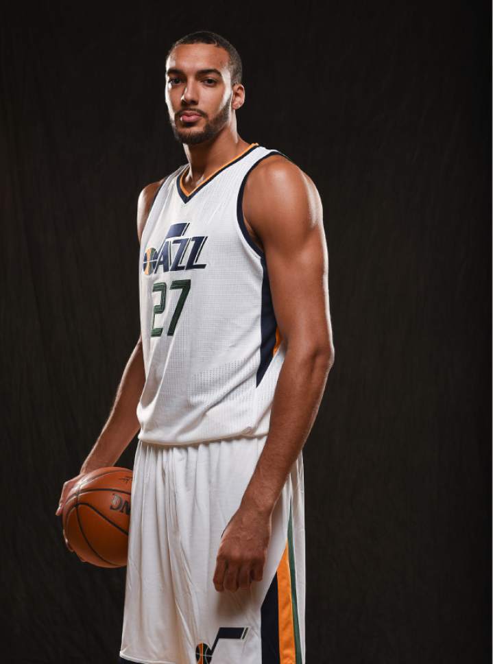 Francisco Kjolseth | The Salt Lake Tribune
Rudy Gobert joins teammates as the Utah Jazz opens training camp with media day for players at the team's training facility in Salt Lake on Monday, Sept. 26, 2016.