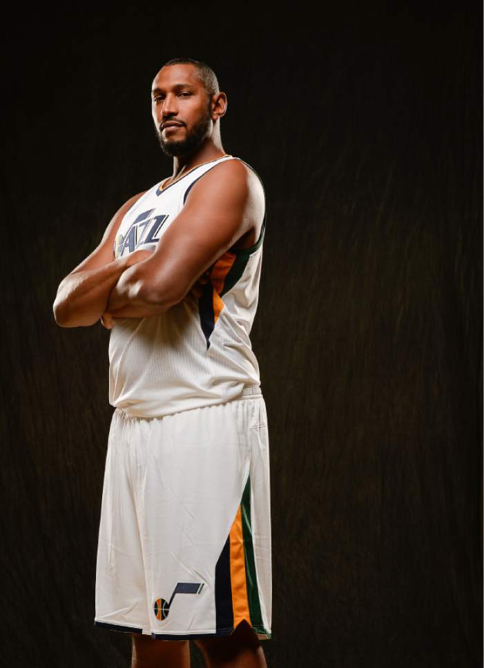 Francisco Kjolseth | The Salt Lake Tribune
Boris Diaw joins teammates as the Utah Jazz opens training camp with media day for players at the team's training facility in Salt Lake on Monday, Sept. 26, 2016.