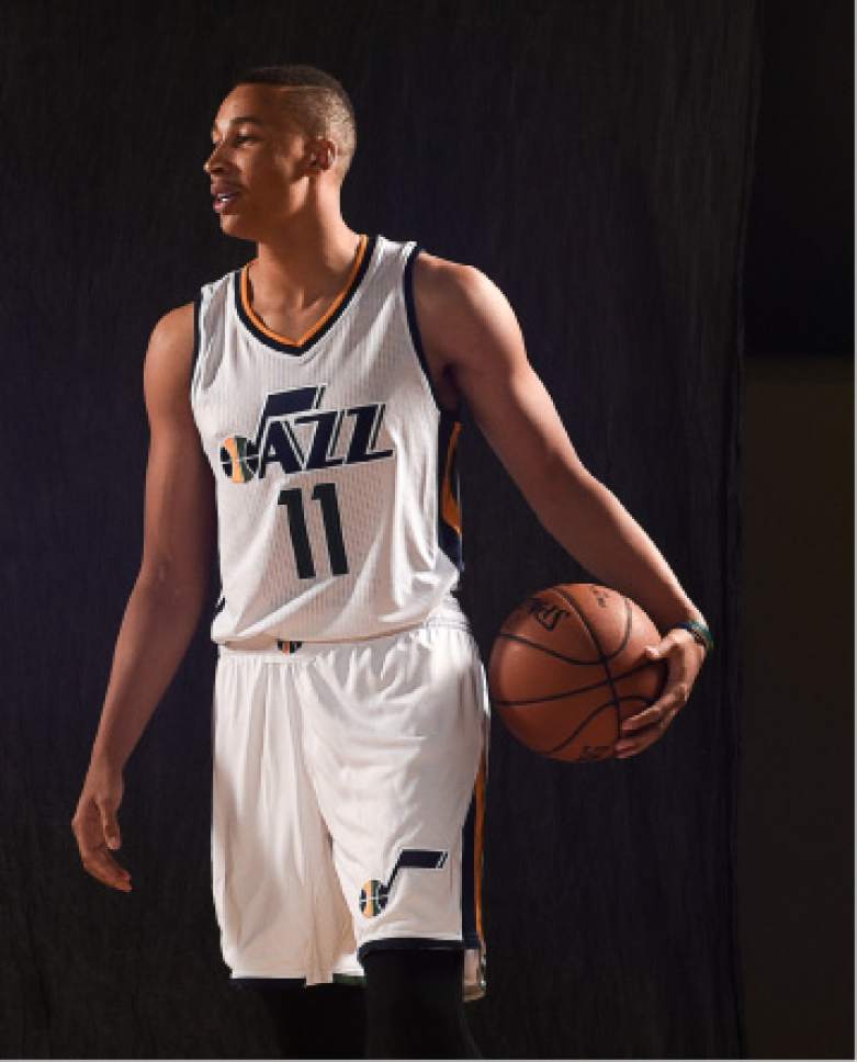 Francisco Kjolseth | The Salt Lake Tribune
Dante Exum joins teammates as the Utah Jazz opens training camp with media day for players at the team's training facility in Salt Lake on Monday, Sept. 26, 2016.