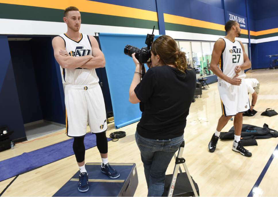 Francisco Kjolseth | The Salt Lake Tribune
Gordon Hayward gets his portrait taken by team photographer Melissa Majchrzak as the Utah Jazz opens training camp with media day for players at the team's training facility in Salt Lake on Monday, Sept. 26, 2016.