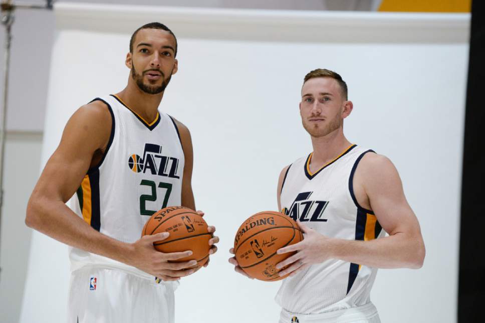 Francisco Kjolseth | The Salt Lake Tribune
Rudy Gobert and Gordon Hayward take their turn on the backdrop for the team photographer as the Utah Jazz opens training camp with media day for players at the team's training facility in Salt Lake on Monday, Sept. 26, 2016.