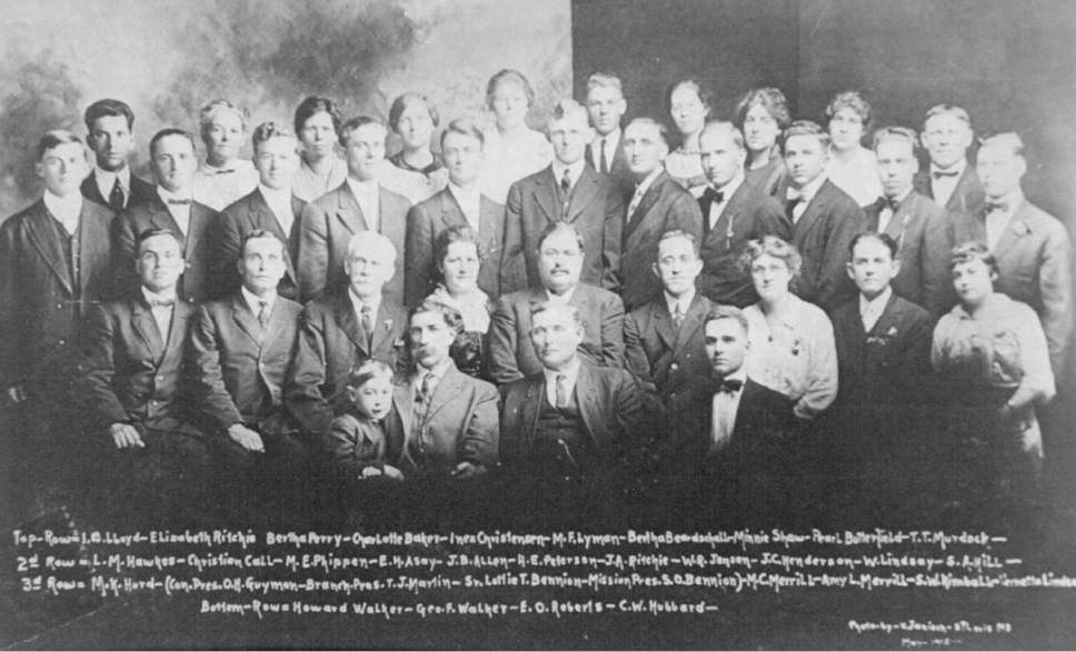 Courtesy photo
Missionaries in the Central States Mission, St. Louis, Missouri, May 1915. Mission president was S. O. Bennion fifth from left in second row back; Spencer W. Kimball is in the same row, seated between two female missionaries.