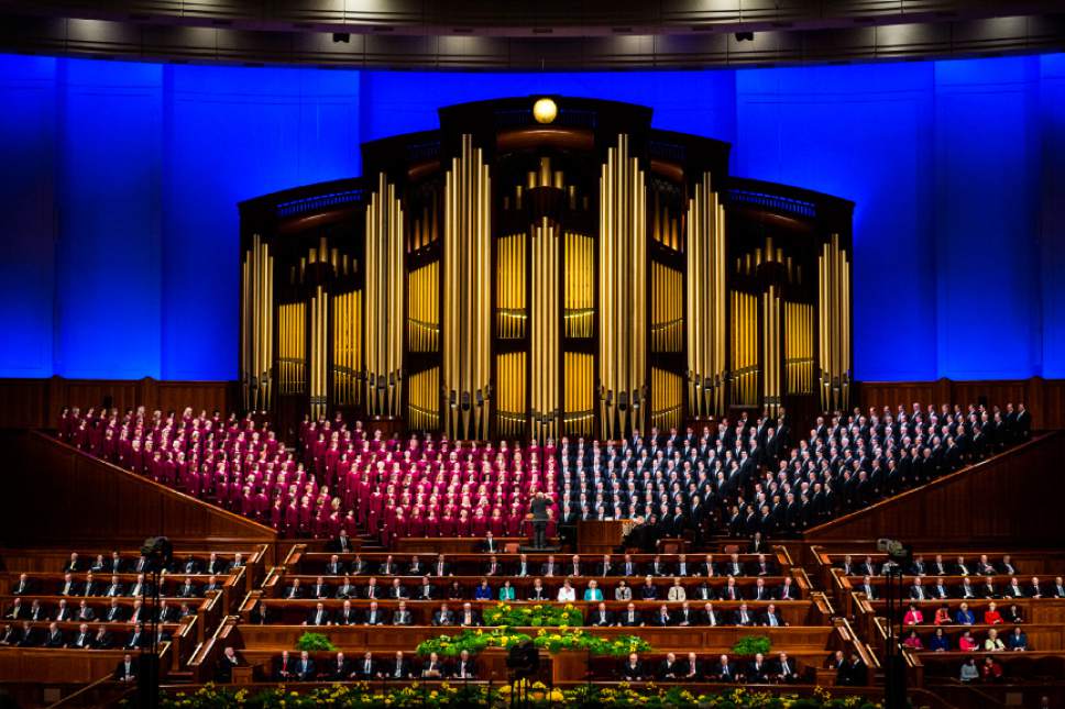 Chris Detrick  |  The Salt Lake Tribune
Members of the Mormon Tabernacle Choir sing during the morning session of the 184th Semiannual General Conference of The Church of Jesus Christ of Latter-day Saints Saturday April 5, 2014.