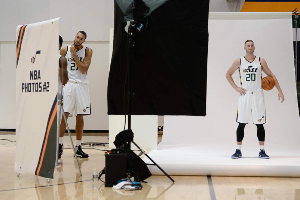 Francisco Kjolseth | The Salt Lake Tribune
Rudy Gobert, left, and Gordon Hayward take their turn on the backdrop for the team photographer as the Utah Jazz opens training camp with media day for players at the team's training facility in Salt Lake on Monday, Sept. 26, 2016.