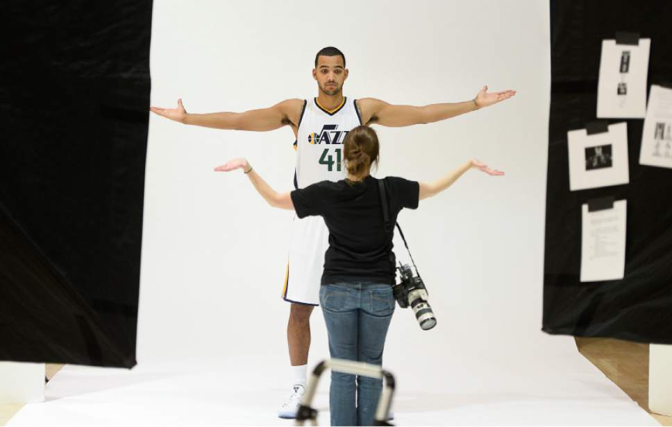 Francisco Kjolseth | The Salt Lake Tribune
Trey Lyles gets instruction from team photographer Melissa Majchrzak as the Utah Jazz opens training camp with media day for players at the team's training facility in Salt Lake on Monday, Sept. 26, 2016.