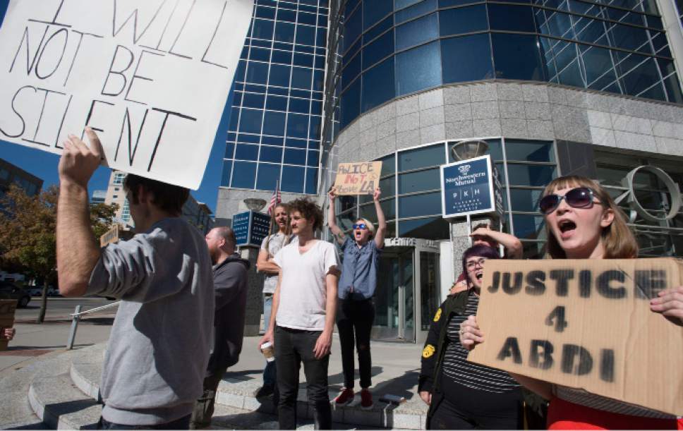 Steve Griffin / The Salt Lake Tribune


Utah Against Police Brutality members rally outside the Broadway Centre building in Salt Lake City Monday September 26, 2016. The group later headed inside for a sit-in at Salt Lake County District Attorney Sim Gillís office to demand that Gill drop charges against Abdi Mohamed, who was shot and wounded by police shot during an altercation by the SLC homeless shelter on Feb. 27, 2016.