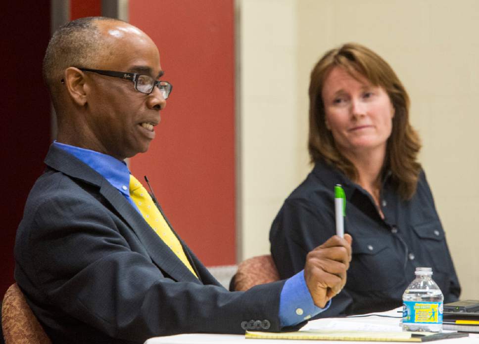 Rick Egan  |  The Salt Lake Tribune

candidates for state school board District 10, Gary Thompson speaks during a debate with Kathleen Riebe, at Channing Hall in Draper, Wednesday, September 28, 2016.