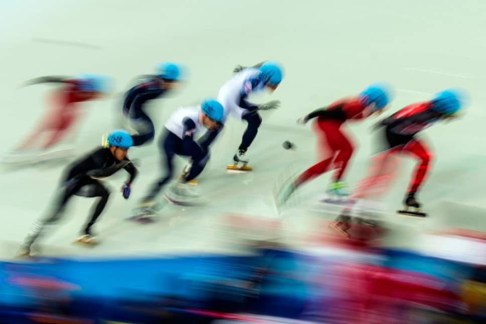 Competitors race in the 1,500-meter short-track speedskating finals at Iceberg Skating Palace during the 2014 Sochi Olympic Games Monday February 10, 2014. Charles Hamelin of Canada won the gold medal. (Photo by Chris Detrick/The Salt Lake Tribune)