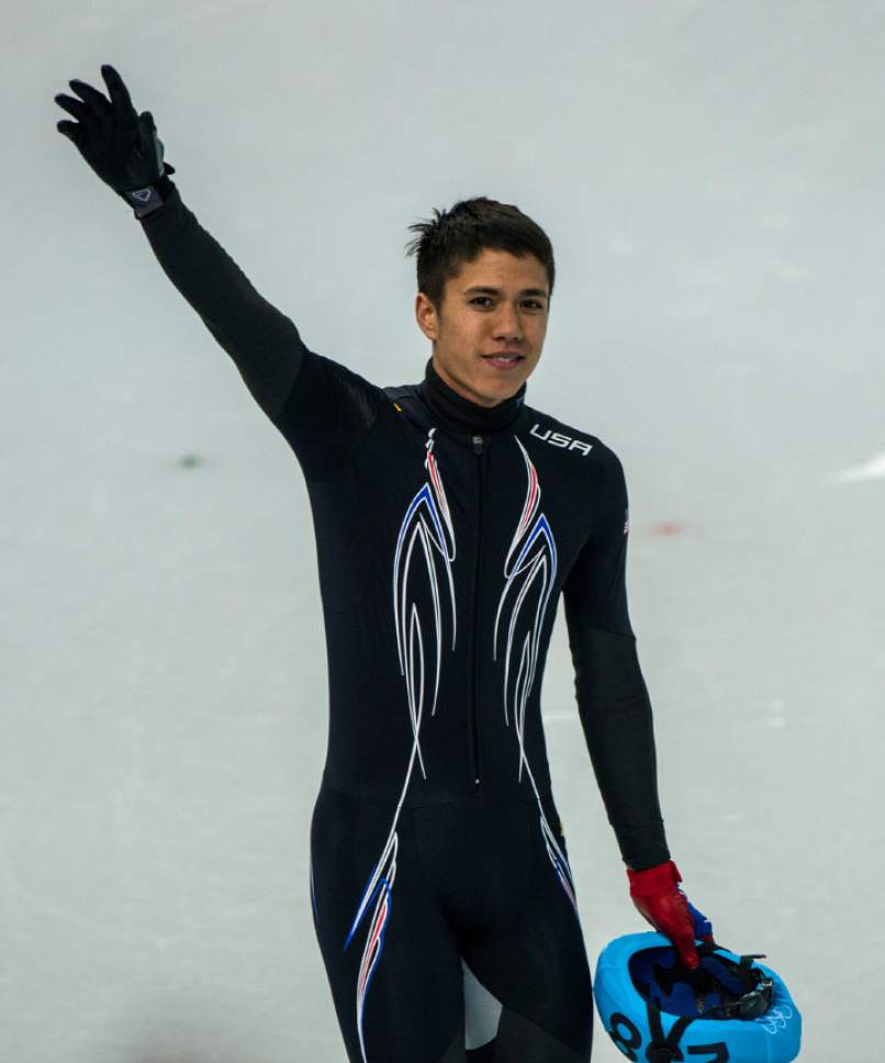 J.R. Celski, of Salt Lake City, is introduced before the 1,500-meter short-track speedskating finals at Iceberg Skating Palace during the 2014 Sochi Olympic Games Monday February 10, 2014. Celski finished in fourth place with a time of 2:15.624, 0.639 behind gold medalist Charles Hamelin of Canada. (Photo by Chris Detrick/The Salt Lake Tribune)