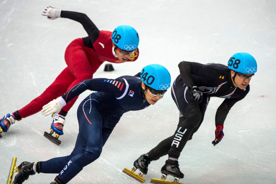 Han-Bin Lee, of Korea, (240) J.R. Celski, of Salt Lake City, and Dequan Chen, of China, (208) compete in the 1,500-meter short-track speedskating finals at Iceberg Skating Palace during the 2014 Sochi Olympic Games Monday February 10, 2014. Celski finished in fourth place with a time of 2:15.624, 0.639 behind gold medalist Charles Hamelin of Canada. (Photo by Chris Detrick/The Salt Lake Tribune)