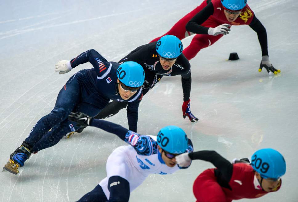 Tianyu Han, of China, (209) Victor An, of Russia, (250) Han-Bin Lee, of Korea, (240) J.R. Celski, of Salt Lake City, (258) and Dequan Chen, of China, (208) compete in the 1,500-meter short-track speedskating finals at Iceberg Skating Palace during the 2014 Sochi Olympic Games Monday February 10, 2014. Celski finished in fourth place with a time of 2:15.624, 0.639 behind gold medalist Charles Hamelin of Canada. (Photo by Chris Detrick/The Salt Lake Tribune)