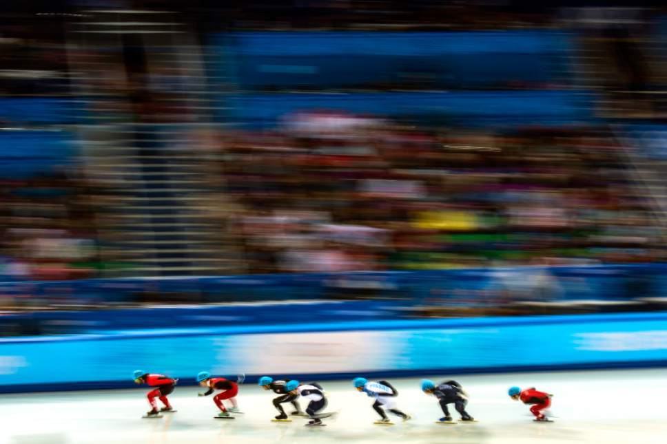Competitors race in the 1,500-meter short-track speedskating finals at Iceberg Skating Palace during the 2014 Sochi Olympic Games Monday February 10, 2014. Charles Hamelin of Canada won the gold medal. (Photo by Chris Detrick/The Salt Lake Tribune)