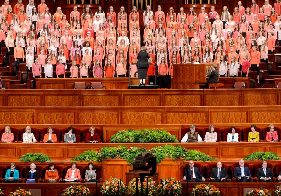 Trent Nelson  |  The Salt Lake Tribune
A choir performs at the General Women's Session of the 186th Semiannual General Conference, in Salt Lake City, Saturday September 24, 2016.