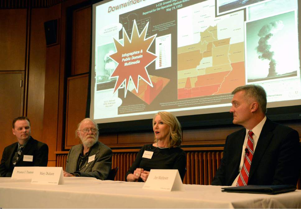 Al Hartmann  |  The Salt Lake Tribune
Panelists Justin Sorenson archive creator,  left, Preston Truman, lifelong downwinder activist, playwright Mary Dickson and former Utah congressman Jim Matheson speak at launch event for "Downwinders of Utah Archive" at the J. Willard Marriott Libray at the University of Utah Monday October 3.  This interactive, geospatial archive depicts the story of Utah radioactive fallout related to atmospheric nuclear testing at the Nevada Test Site.