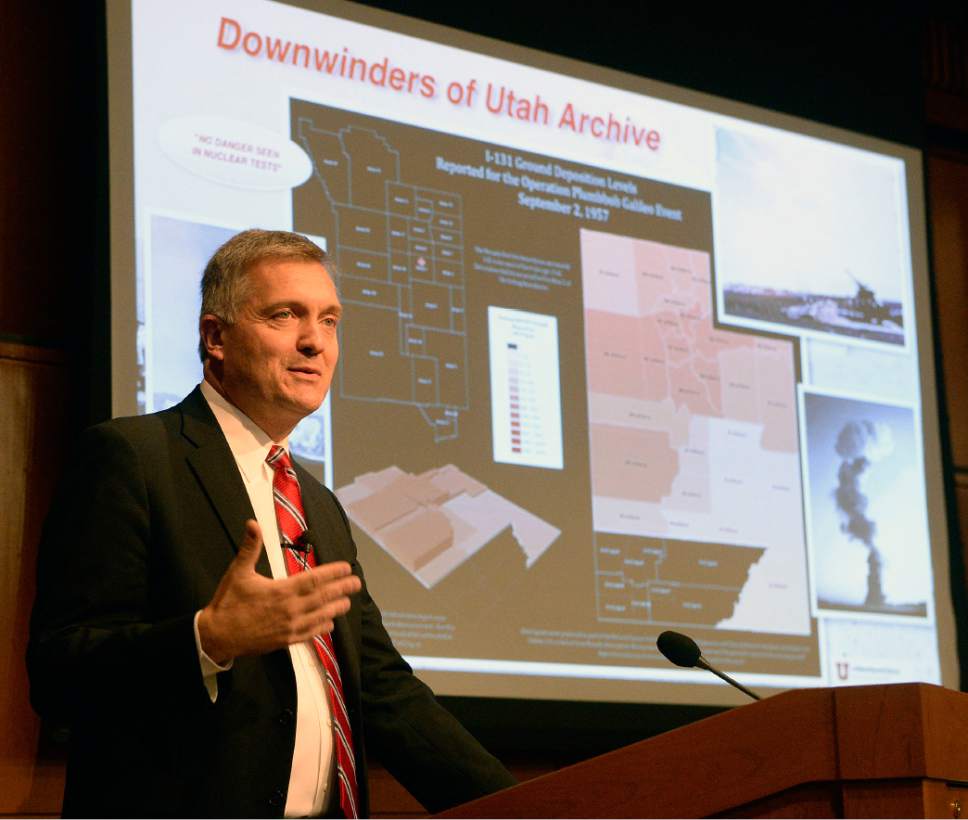 Al Hartmann  |  The Salt Lake Tribune
Former Utah Congressman Jim Matheson, an advocate for compensation for the downwind population in Utah affected by cancer speaks at launch event for "Downwinders of Utah Archive" at the J. Willard Marriott Libray at the University of Utah Monday October 3.  This interactive, geospatial archive depicts the story of Utah radioactive fallout related to atmospheric nuclear testing at the Nevada Test Site.