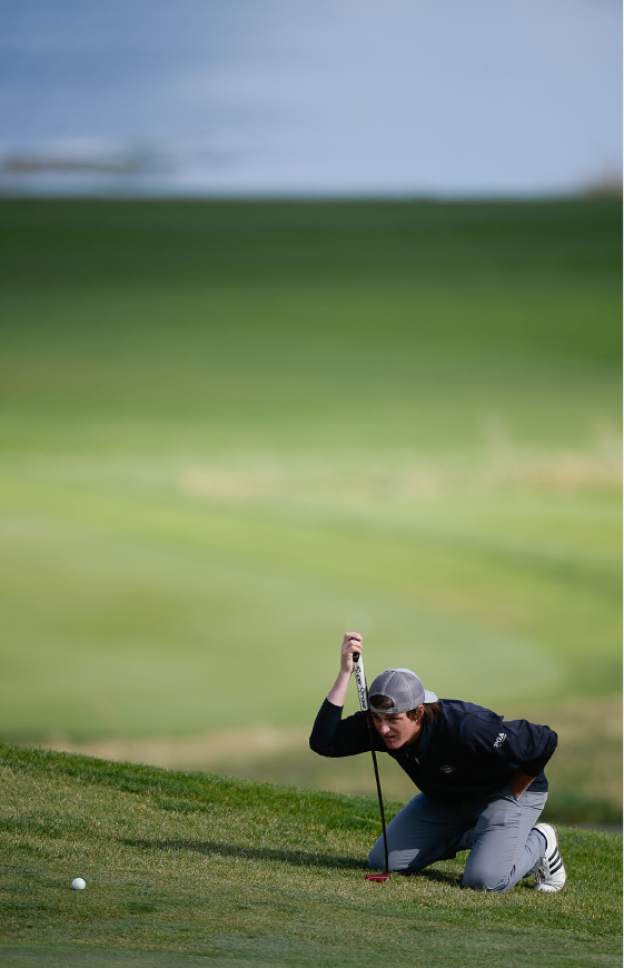 Francisco Kjolseth | The Salt Lake Tribune
Jake Marx of Box Elder lines up a shot during the 4A boys' golf championships at Soldier Hollow in Midway.