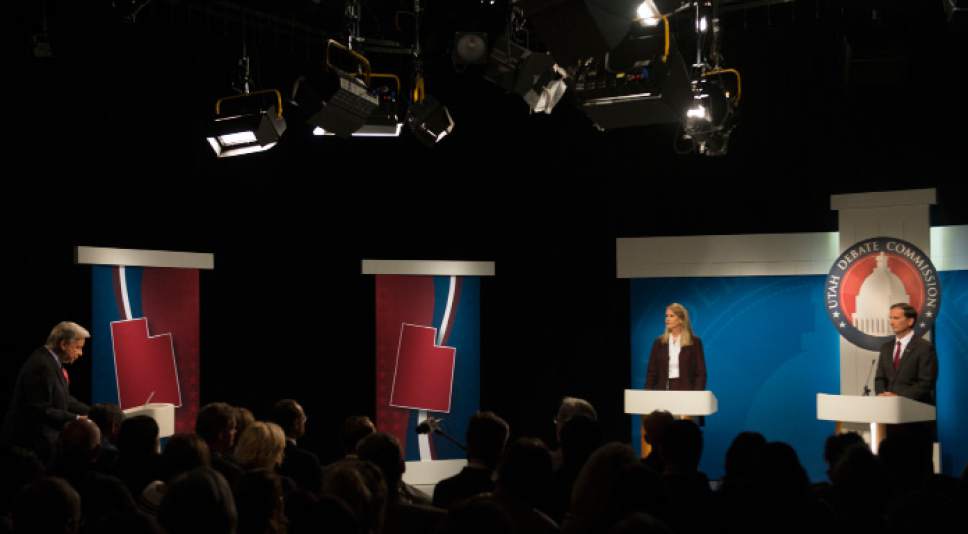 Steve Griffin / The Salt Lake Tribune


Rep. Chris Stewart, R-Utah, right, debates with Democratic challenger Charlene Albarran during the Utah Debate Commission's 2nd Congressional District showdown at the KUED studios on the University of Utah campus in Salt Lake City Tuesday October 4, 2016.