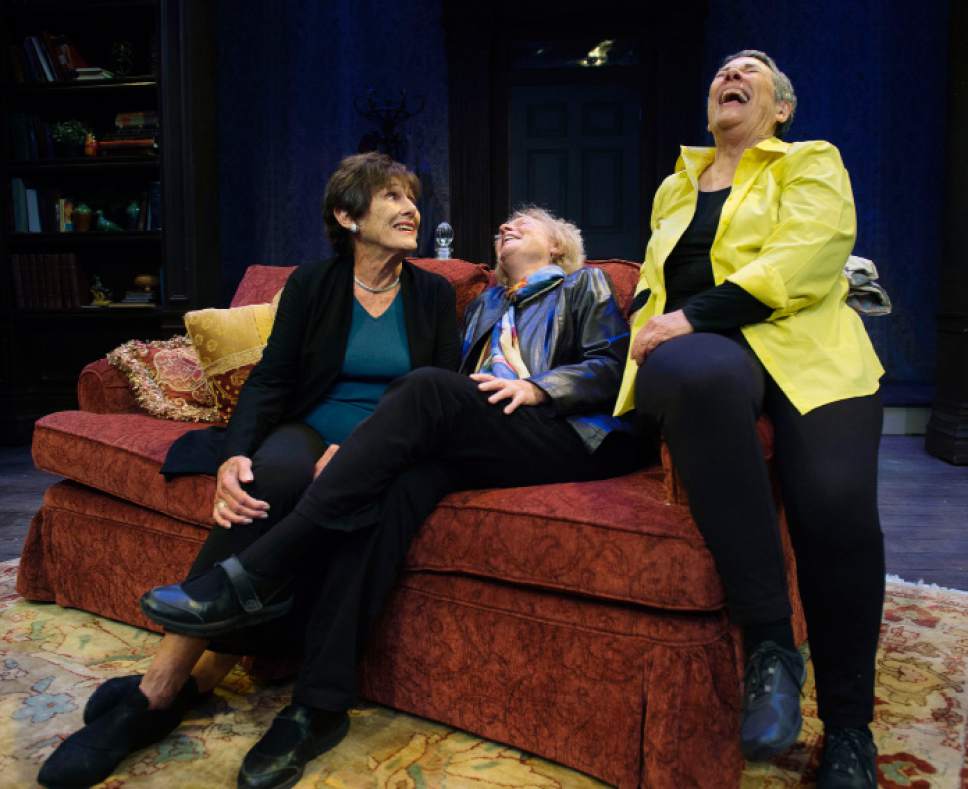 Steve Griffin / The Salt Lake Tribune

Actress Anne Cullimore Decker, author Peggy Battin and Utah playwright Julie Jensen laugh together before rehearsal for Jensen's play "Winter," which was inspired by Battin's short story "Robeck."
