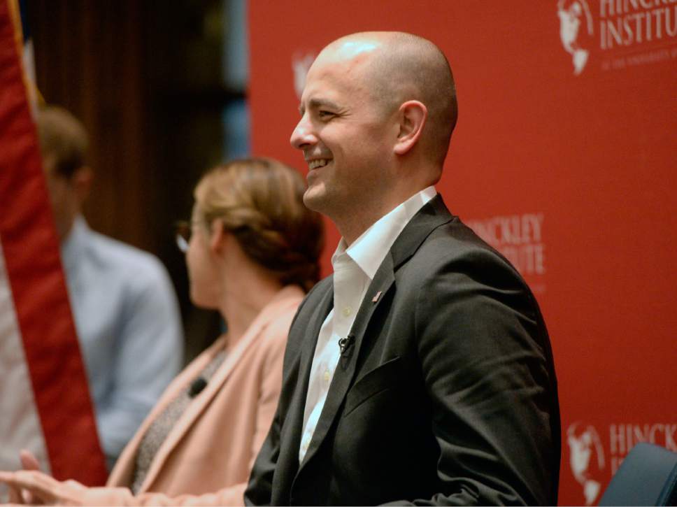 Al Hartmann  |  The Salt Lake Tribune
Evan McMullin, a conservative independent presidential candidate, appears at the Hinckley Institute of Politics at the University of Utah Wednesday September 1.