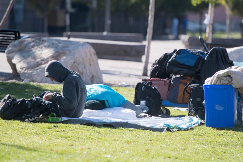 Rick Egan  |  The Salt Lake Tribune

Homeless people camp along 500 west, in the Rio Grande neighborhood. Thursday, October 6, 2016.