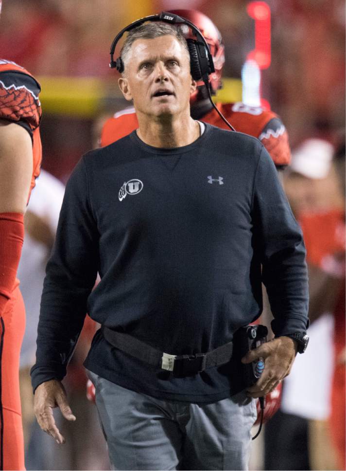 Rick Egan  |  The Salt Lake Tribune

Utah Utes head coach Kyle Whittingham watches a reply on the big scree, as he waits for the results of a reviewed play, in football action, BYU vs. Utah, at Rice-Eccles Stadium, Saturday, September 10, 2016.