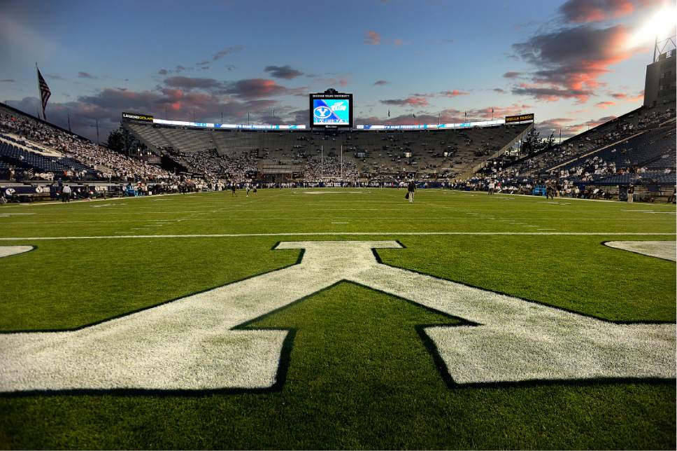 Scott Sommerdorf   |  The Salt Lake Tribune  
As seen from behind the north end zone, the stadium begins to fill up about an hour before game -time. BYU later defeated Toledo 55-53, Friday, September 30, 2016.