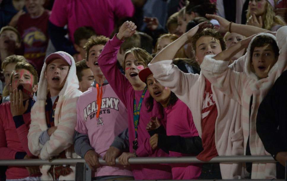 Leah Hogsten  |  The Salt Lake Tribune
Herriman fans wear pink in honor of Breast Cancer Awareness Month.  Herriman High School defeated American Fork High School 30-10 during their Region 4 football game, October 7, 2016 in Herriman.