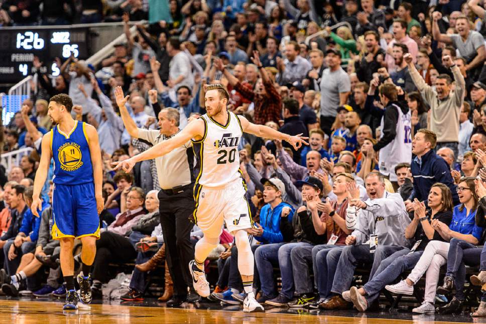 Trent Nelson  |  The Salt Lake Tribune
Utah Jazz forward Gordon Hayward (20) celebrates a three-point shot, giving the Jazz a three point lead in the fourth quarter as the Utah Jazz host the Golden State Warriors in Salt Lake City, Wednesday March 30, 2016.