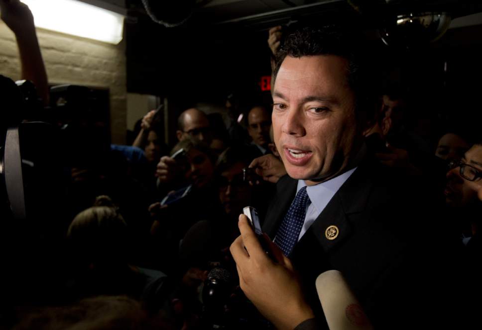 Rep. Jason Chaffetz, R-Utah speaks to reporters as he leaves a House Republican Caucus meeting on Capitol Hill in Washington, Friday, Oct. 9, 2015. Chaffetz, himself a candidate for the speaker's post, said he'd back Ryan should he seek the job, adding, "I would hope that he would do it."    (AP Photo/Manuel Balce Ceneta)