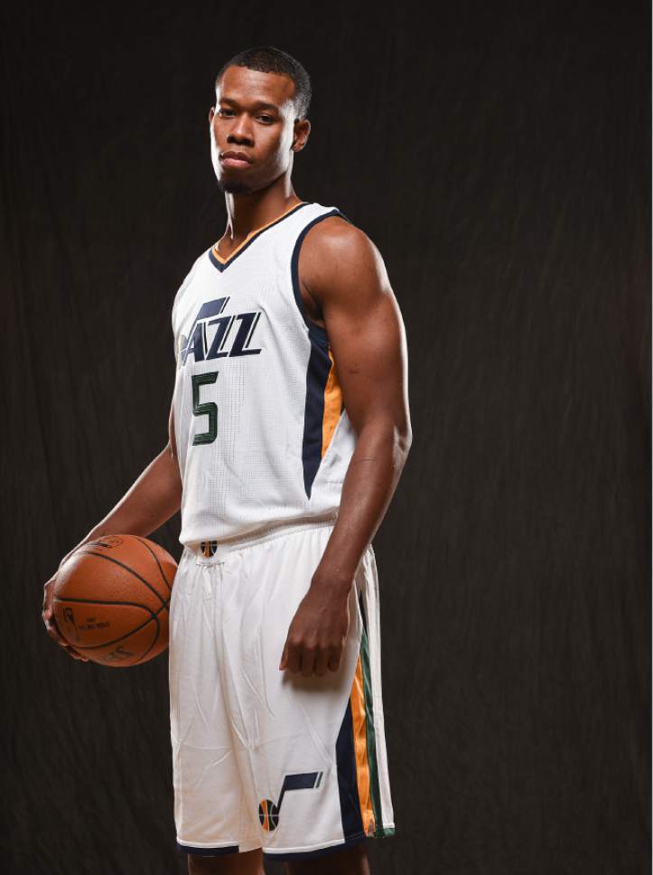 Francisco Kjolseth | The Salt Lake Tribune
Rodney Hood joins teammates as the Utah Jazz opens training camp with media day for players at the team's training facility in Salt Lake on Monday, Sept. 26, 2016.
