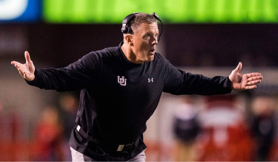 Rick Egan  |  The Salt Lake Tribune

Utah Utes head coach Kyle Whittingham reacts to a call by the official, in PAC-12 football action, Utah vs. The Arizona Wildcats, at Rice-Eccles Stadium, Saturday, October 8, 2016.