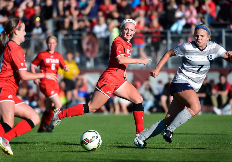 Scott Sommerdorf   |  The Salt Lake Tribune
Utah's Hailey Skolmoski calls for the ball as Utah State beat Utah 2-0 in women's soccer at Utah, Friday, September 18, 2015.