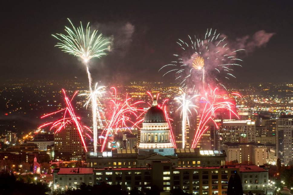 Jeremy Harmon  |  The Salt Lake Tribune

Fireworks explode above the State Capitol during centennial celebrations for the building on Saturday October 8, 2016.