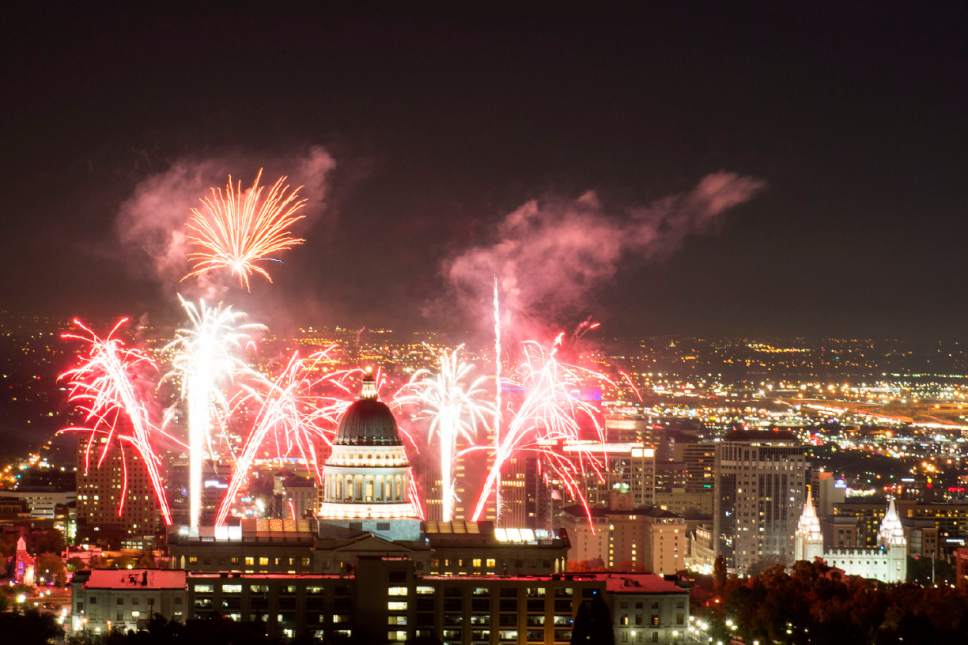 Jeremy Harmon  |  The Salt Lake Tribune

Fireworks explode above the State Capitol during centennial celebrations for the building on Saturday October 8, 2016.