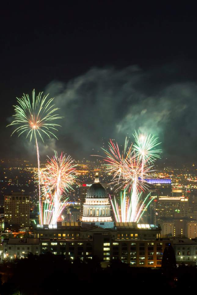 Jeremy Harmon  |  The Salt Lake Tribune

Fireworks explode above the State Capitol during centennial celebrations for the building on Saturday October 8, 2016.