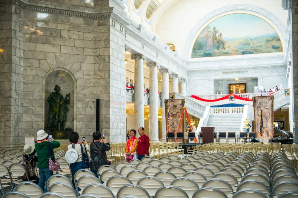 Chris Detrick  |  The Salt Lake Tribune
Visitors take pictures during the Capitol Centennial Discovery Day at the Utah State Capitol Saturday October 8, 2016.