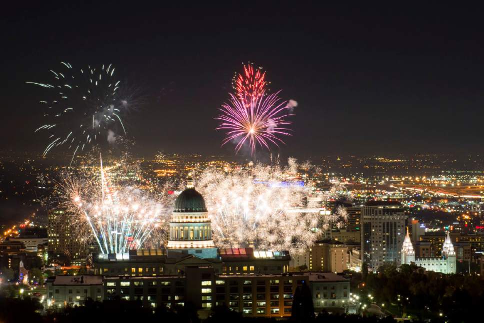 Jeremy Harmon  |  The Salt Lake Tribune

Fireworks explode above the State Capitol during centennial celebrations for the building on Saturday October 8, 2016.