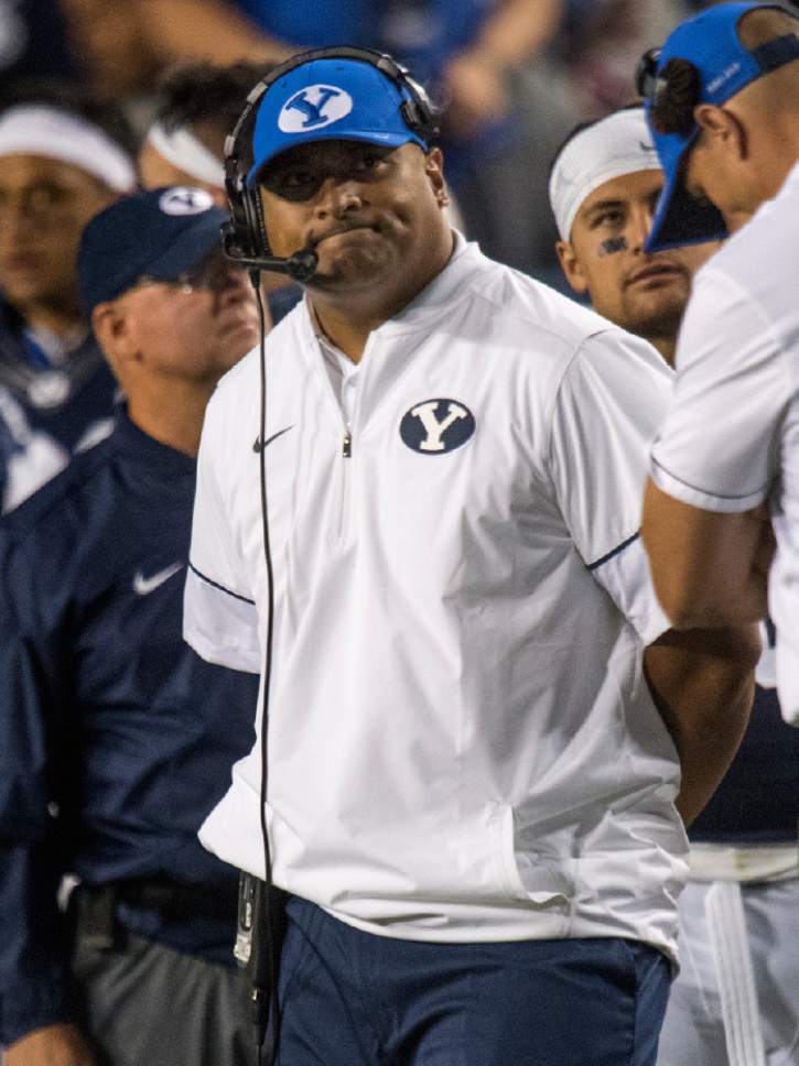Rick Egan  |  The Salt Lake Tribune

Brigham Young head coach Kalani Sitake  checks out the scoreboard, as the Cougars trail UCLA, in football action, BYU vs, UCLA, at Lavell Edwards Stadium, Saturday, September 17, 2016.