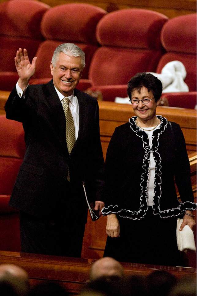 Tribune file photo
Second counselor Dieter F. Uchtdorf of the First Presidency, leaves with his wife Harriot after the Sunday morning session of LDS Conference Center in Salt Lake City, Utah in April 2011.