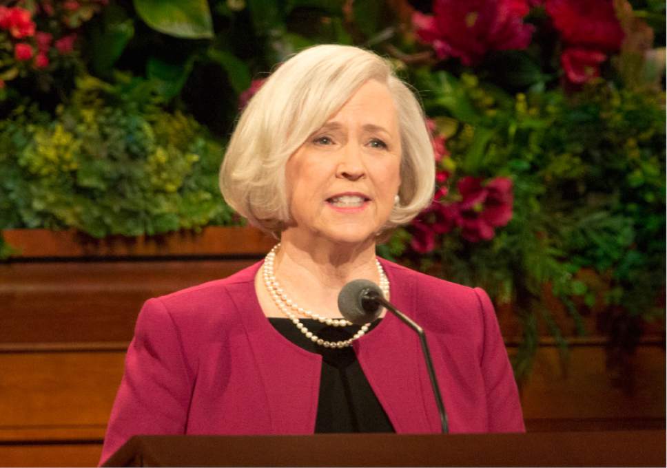 Rick Egan  |  Tribune file photo
Neill F. Marriott speaks at the General Women's Session of the 186st Annual LDS General Conference in March 2016.