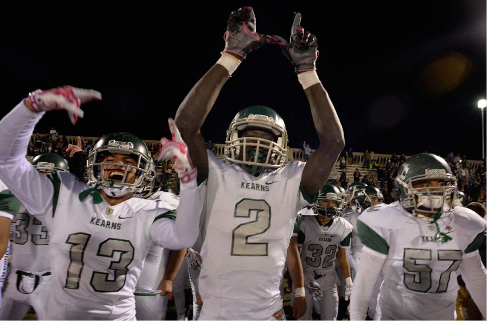 Scott Sommerdorf   |  The Salt Lake Tribune  
Kearns DB Journey BuBa (#2) celebrates with team mates as the game ends. BuBa made the game-clinching interception to seal the win. Kearns defeated Skyline 33-30, Friday, October 7, 2016.