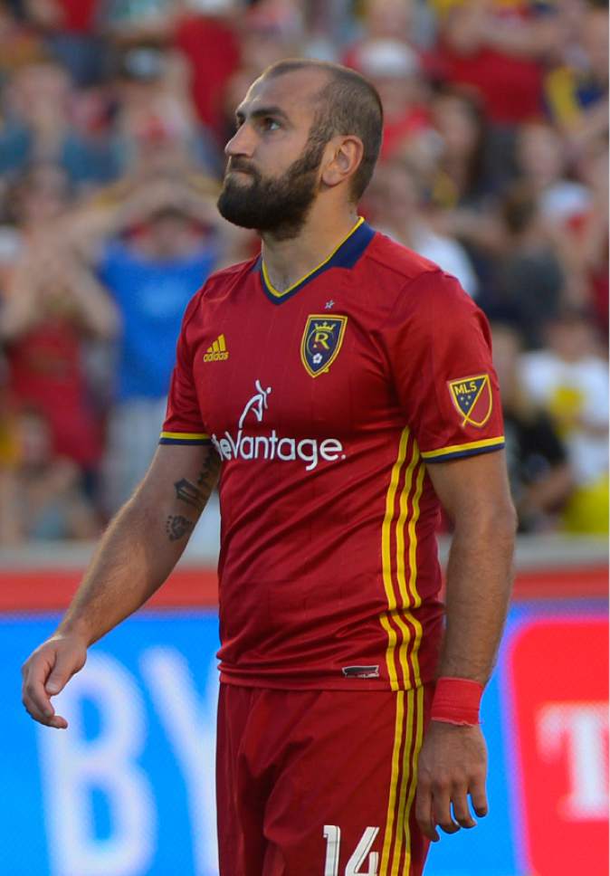 Leah Hogsten  |  The Salt Lake Tribune
Real Salt Lake forward Yura Movsisyan (14) reacts to his missed penalty kick. Real Salt Lake defeated the Colorado Rapids 2-1 during their Rocky Mountain Championship Cup game at Rio Tinto Stadium Friday, August 26, 2016.