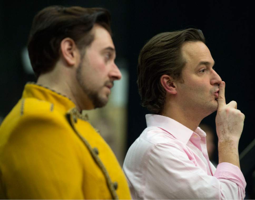 Steve Griffin / The Salt Lake Tribune
Utah Opera chorus master Michael Spassov, right, with tenor Dominick Chenes, who plays Don JosÈ, in rehearsal with the chorus for the upcoming production of "Carmen."
