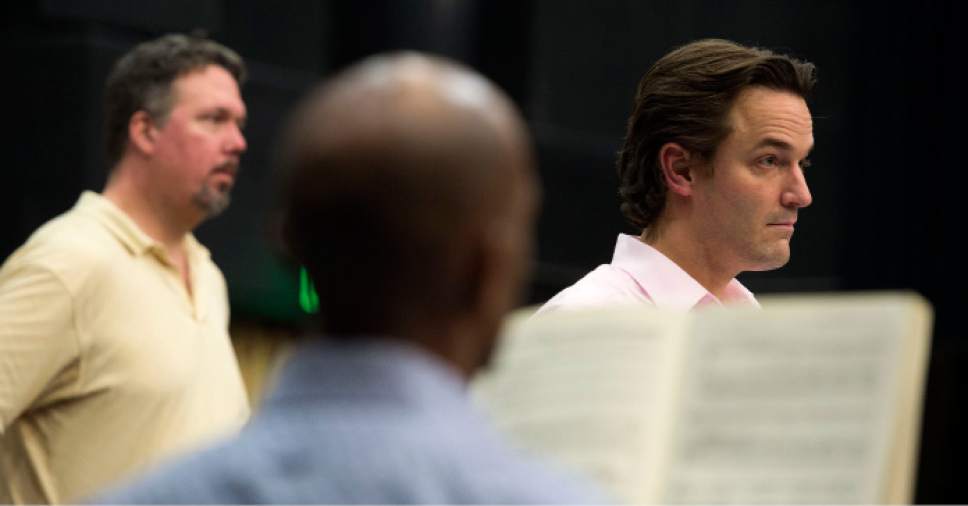 Steve Griffin / The Salt Lake Tribune
Utah Opera chorusmaster Michael Spassov, right, in rehearsal with the chorus for the upcoming production of "Carmen" at the Utah Opera building in Salt Lake City Wednesday September 28, 2016. Company artistic director Christopher McBeth is at left.