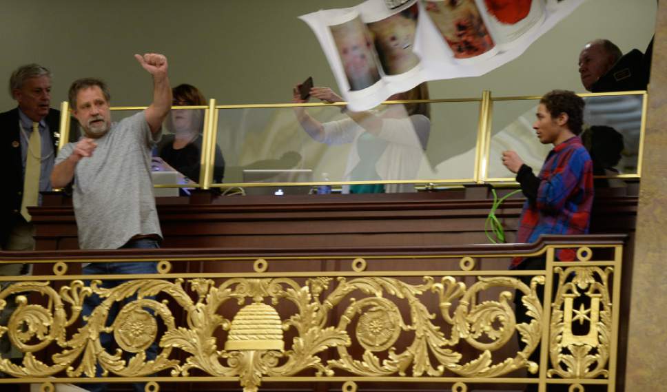 Francisco Kjolseth | The Salt Lake Tribune
Randy Gardner, brother of Ronnie Lee Gardner who was executed by firing squad in Utah in 2010, disrupts the House chamber to protest the firing squad on Thursday, March 10, 2016. SB189 would abolish the death penalty in Utah.