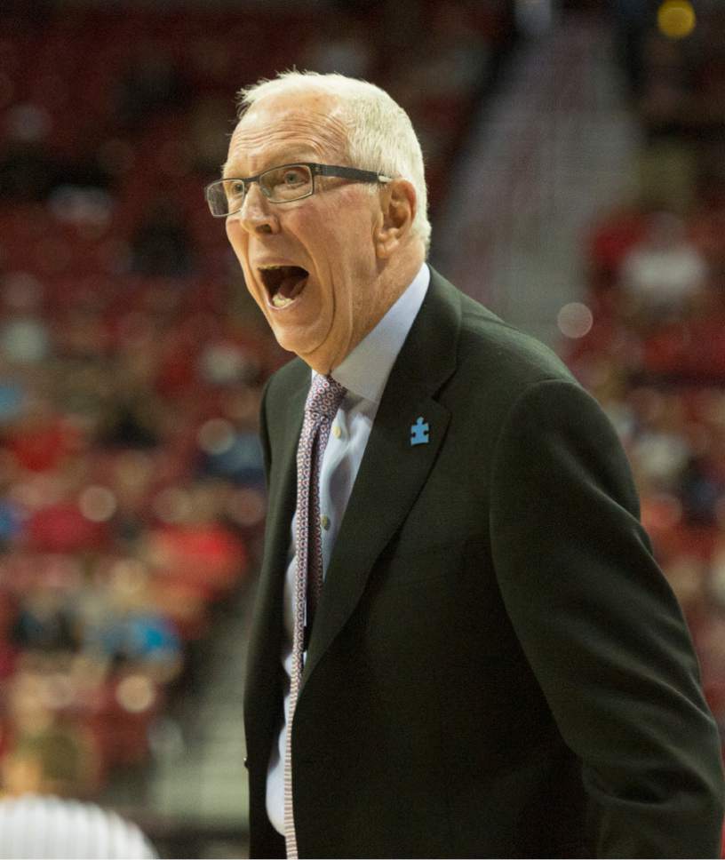 Rick Egan  |  The Salt Lake Tribune

San Diego State Aztecs men's basketball coach, Steve Fisher has a few words for the referee, in Mountain West Tournament action, The Utah State Aggies vs. San Diego State Aztecs, at the Thomas and Mack Center in Las Vegas, Thursday, March 10, 2016.