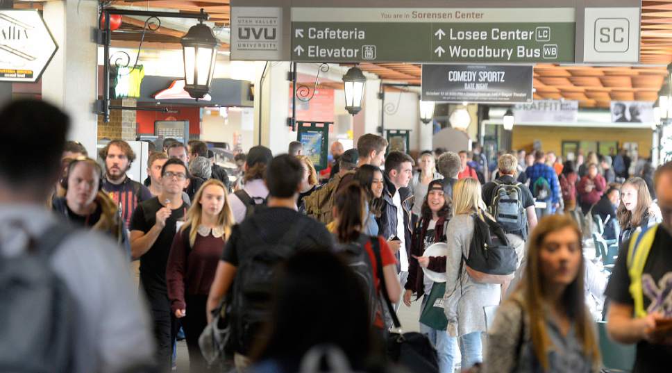 Al Hartmann  |  The Salt Lake Tribune
Students at Utah Valley University crowd into the Sorenson Student Center midday Wednesday Oct. 12. Orem's Utah Valley University retained its status as the state's largest school with 34,978 students, a 5.32 percent increase over last year.